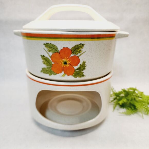 Vintage Orange Poppy Fire Flower Temper-Ware Lenox Casserole Lid Stand 1970s Mod - Picture 11 of 11